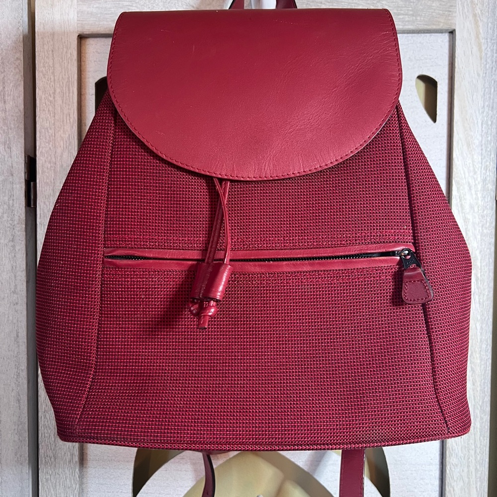 Red Woven Backpack with Leather Flap